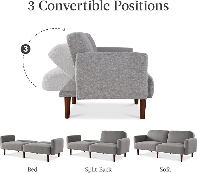 Best Choice Products 77 Mid Century Modern Boucle Loveseat Sofa Couch Convertible Sofa Sleeper Bed w/Real Wood Removable Armrest - Storm Gray