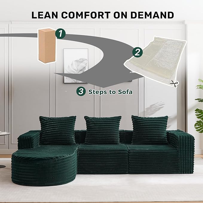 Boneless Cloud Couch Modular Sectional Sofa L-Shape with Chaise 102 Soft Faux Fur Deep Seat &amp 3 Pillows &amp 2 Side Pockets for Living Room Bedroom (Green Left Chaise)