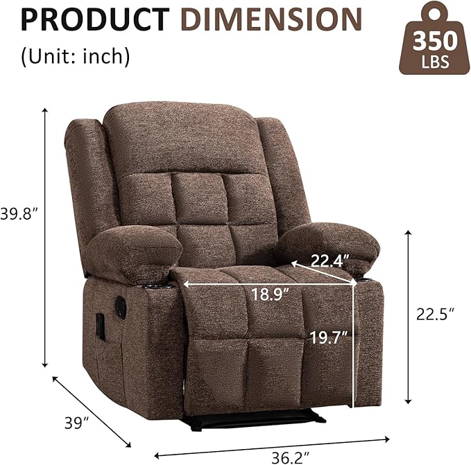 EBELLO Manual Recliner Chair for Adults with Vibration Massage and Lumbar Heating Soft Fabric Recliner Single Sofa with Side Pocket and Two Cup Holders for Living Room Set of 2 Brown