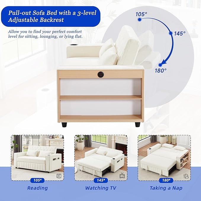 61.4 Pull-out Sofa Bed Convertible Sleeper Sofa Bed with Adjustable Backrest Cup Holders Storage Rack Handy Side Pockets Two Lumbar Pillows Modern Loveseat Sofa for Living Room (Beige/132)