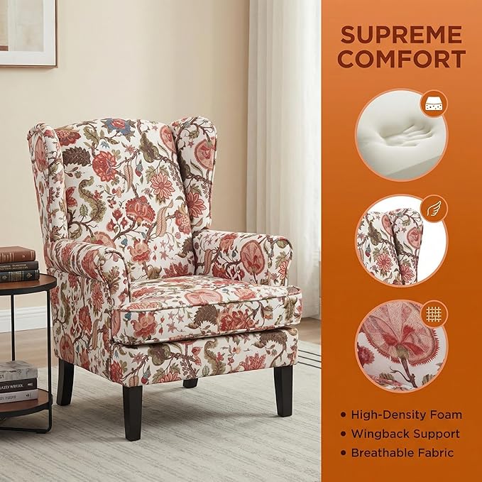 Mid Century Wingback Accent ChairModern Linen Fabric Upholstered Armchair with Retro Wooden LegsFloral Pattern Single Sofa ChairComfy Reading Chair for Living Room Bedroom Office (Floral Red)