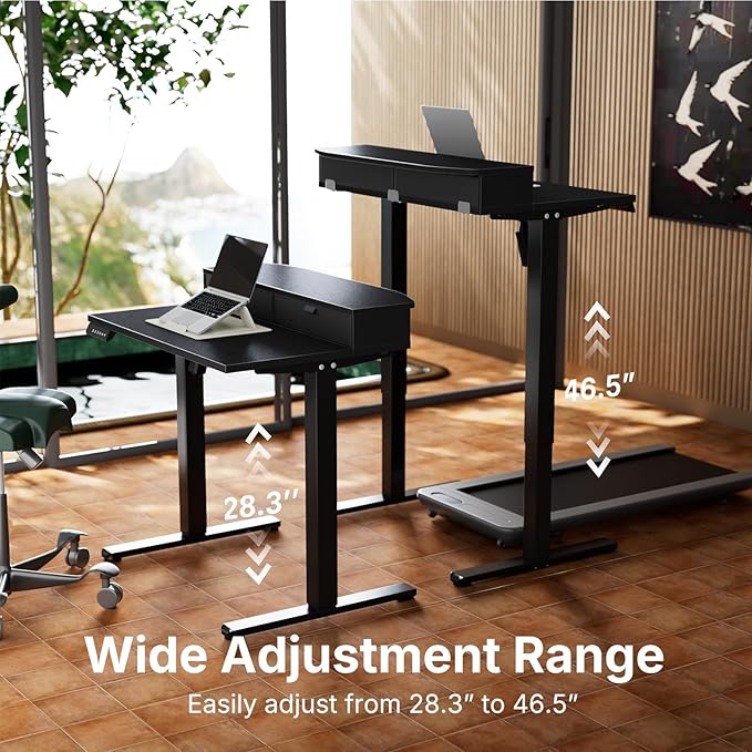HUANUO 32 x 21 inch Small Electric Standing Desk with 2 Drawers C-Clamp Mount Compatible Height Adjustable Sit Stand Desk Home Office Stand Up Desk with 4 Memory Height Settings Black
