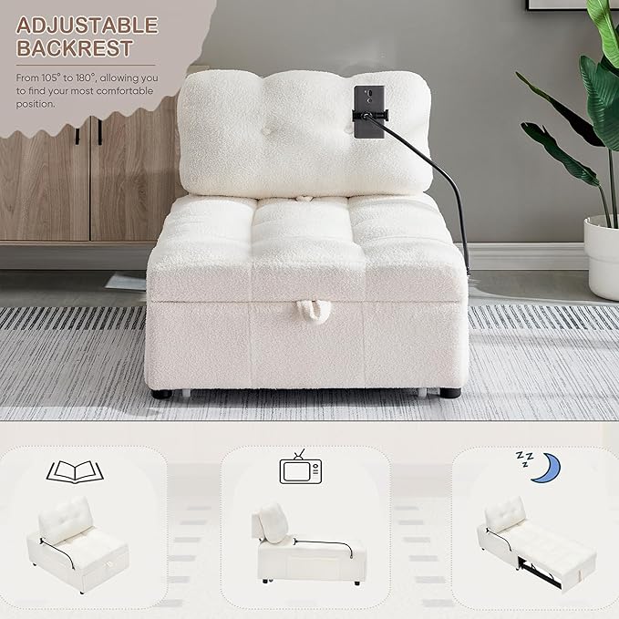 Modern Teddy Fabric Sofa Bed Futon3 in 1 Convertible Pullout Bed Couches with 3 Reclining BackrestsPhone StandSmall Sofa Single Sleeper Chair Bed for Living Room Bedroom (Beige)