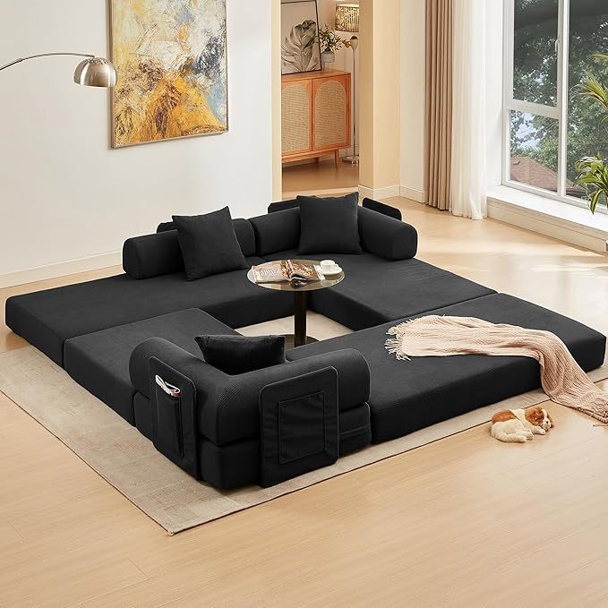 L Shaped Convertible Modular Sofa Bed with Cylindrical Pillow &amp Reversible Chaise Corduroy Folding Floor Sofa Couch Bed with Fixed-Shape Frame &amp Storage Pocket for Living Room Black