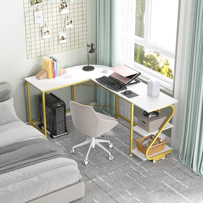 Weehom L Shape Desk with Shelves Computer Desk Monitor Shelf and Printer Storage Round Corner Table for Home Office White Gold