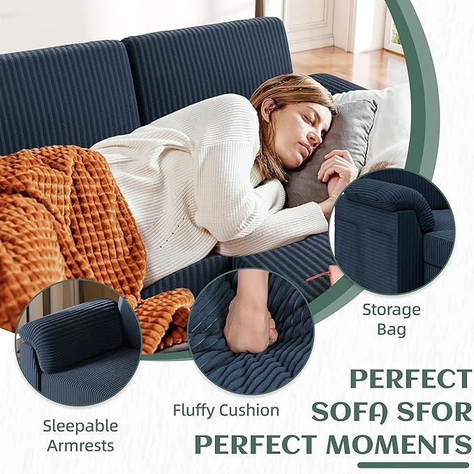 Vongrasig Convertible Sectional Sofa Couch 3 Seat L Shaped Sofa with Removable Pillows Soft Corduroy Fabric Small Couch Mid Century for Living Room Apartment and Office (Blue)