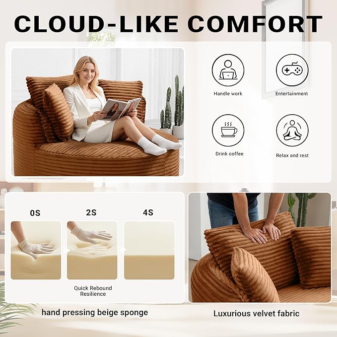 54-inch Oversized Round Chaise Longue Chair Indoor Modern Upholstered Corduroy Deep Seat Circle Cloud Chair Single Boneless Reading Chair for Living Room Bedroom Apartment Orange