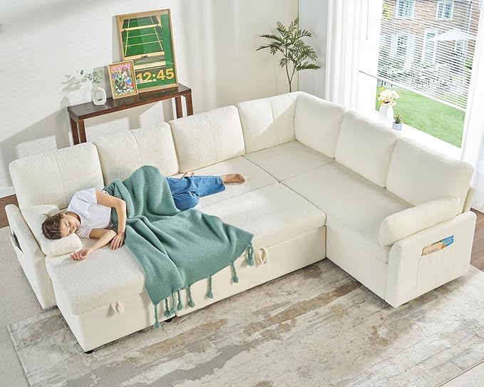 VanAcc Pull Out Sofa 112 Inch Oversized U Shape Sleeper Sofa Couch with Storage Chaise &amp 3 Seater Comfy Couch with Pull Out Bed for Living Room White Boucle