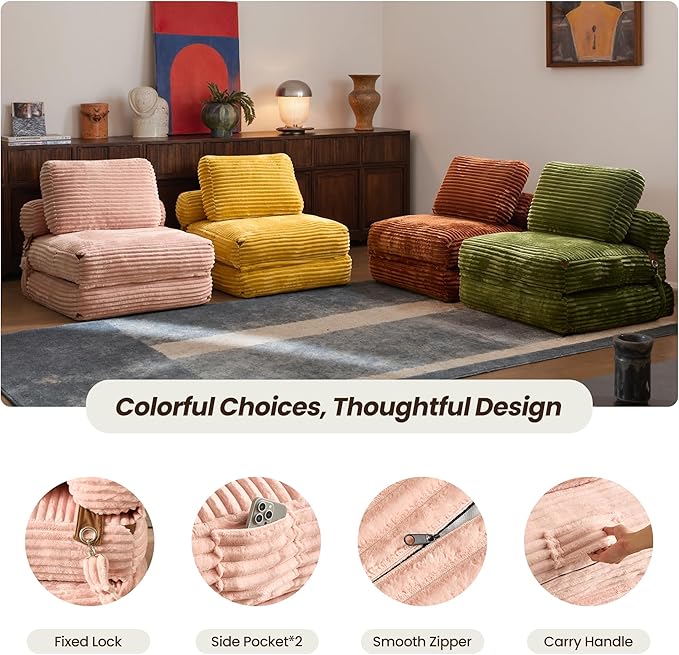 ovios Folding Sofa Bed Foldable Sleeper Chair Floor Futon Comfy Portable Convertible Fold Out Lounge Chairs for Living Room Bedroom Pink