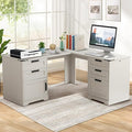 Farmhouse L Shaped Executive Desk 60 Home Office Desk with Drawers &amp Charging Station Wood Corner Computer Writing Desk with File Drawer and Storage Cabinet for Home Office (Light Grey)