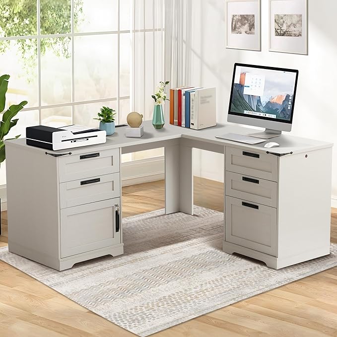Farmhouse L Shaped Executive Desk 60 Home Office Desk with Drawers &amp Charging Station Wood Corner Computer Writing Desk with File Drawer and Storage Cabinet for Home Office (Light Grey)