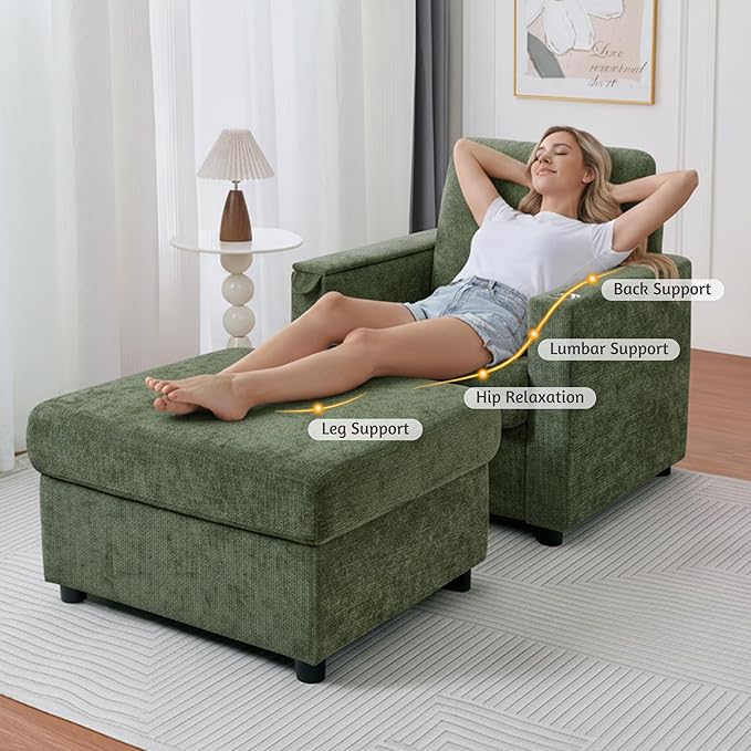 34.25 Accent Chairs with Storage Ottoman Set Upholstered Living Room Chairs for Reading Chair with Chaise Lounge Chairs Indoor Comfortable Armchair for Bedroom (Green 34.25)