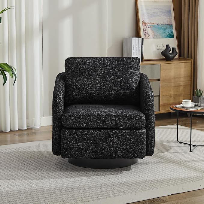 Moden Swivel Accent Chair 360 Degree Round Swivel Barrel Chair with Pillow Upholstered Comfy Barrel Armchair Single Club Sofa Chair for Living Room Bedroom Reading Room (Black)