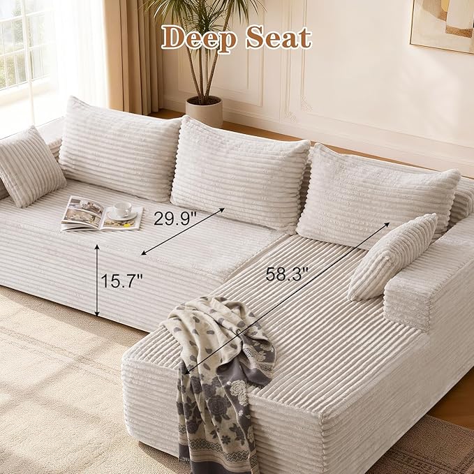 PARKOL 105 Cloud Sectional Couch with L-Shape ChaiseModern Modular Sofa with Deep Seat Upholstered Couches for Living Room BedroomNo Assembly Required Beige(Plush Corduroy Fabric)