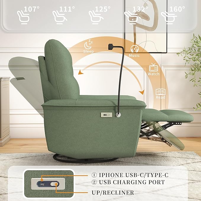 Power Swivel Rocker Recliner Chair for Nursery Upholstered Glider Rocking Chair with Phone HolderUSB Ports Small Recliners for Small Spaces Living Room Bedroom