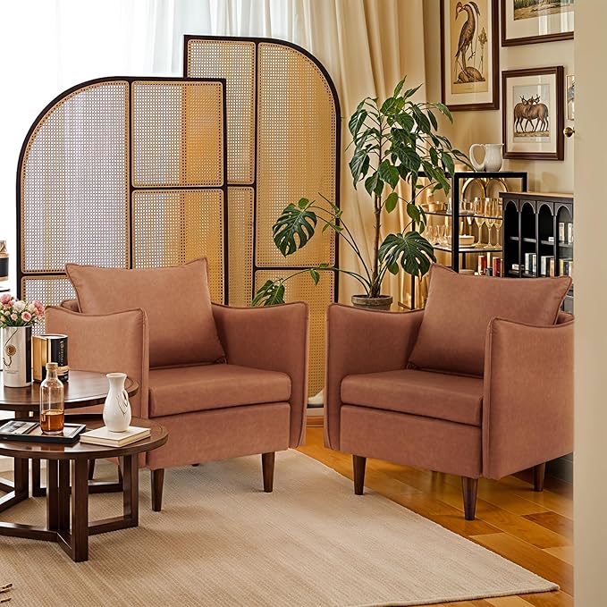 MOJAY PU Leather Accent Chairs Set of 2 Mid-Century Modern Armchair Club Lounge Chair with Removable Pillow &amp Sturdy Legs for Living Room Bedroom Reception Office (Brown)