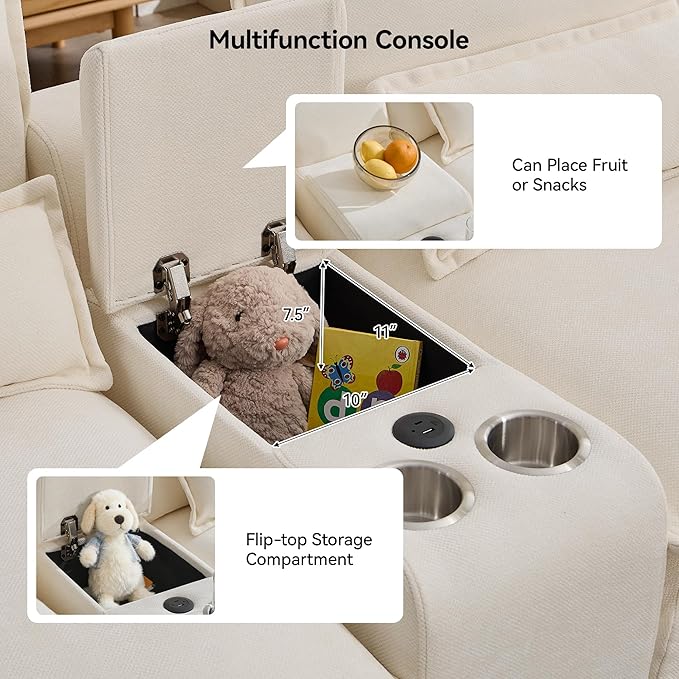 U Shaped Modular Cloud Couch Small Deep Seat Sectional Sofa with Center Storage Console USB Ports &amp Cup Holders Comfy Couches for Living Room Chenille Beige
