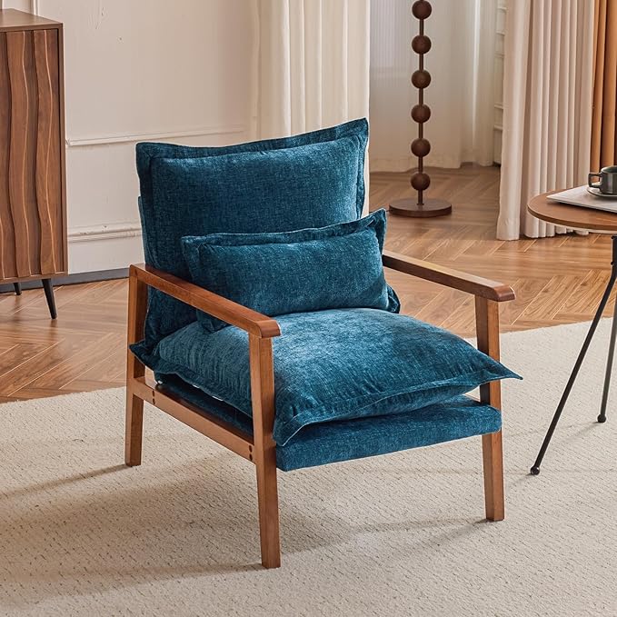 VINGLI Mid-Century Modern Cloud Accent Armchair with Lumbar Pillow 6.3'' Thick Seat Cushion Comfortable Reading Chair with Wooden ArmrestsBoho Lounge Chair for Bedroom Living Room Chenille Teal