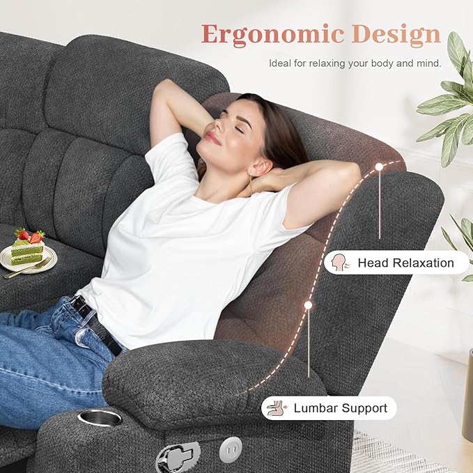 Recliner Sofa Set with 2+1 Pieces Fabric Manual Pull Tab Reclining Loveseat with Storage Console Single Recliner Chair for Living Room RV Grey