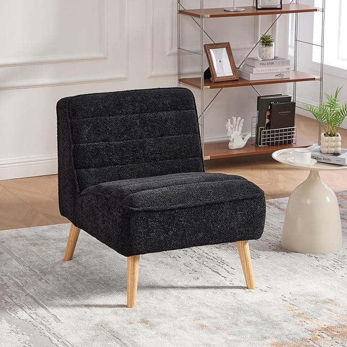 GDFStudio 24.4 Wide Modern Accent Chair Armless Upholstered Lounge Chair with Chenille Fabric &amp Rubber Wood Legs Compact Space-Saving Design for Living Room Bedroom Office - Black
