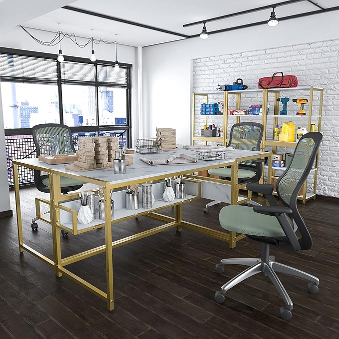 Teraves Computer Desk with 5 Tier ShelvesReversible Writing Desk with Storage 49 Inch Study Table for Home Office Independent Bookcase and Desk for Multiple Scenes (White Marbling+ Gold Frame)
