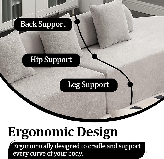 130'' Curved Modular Sectional Long Sofa Modern Cloud Boneless Deep Seat Couch Plush Terry Cloth Compressed Upholstered Lounge Sofa for Living Room No Assembly Required Light Grey 3 Pillows