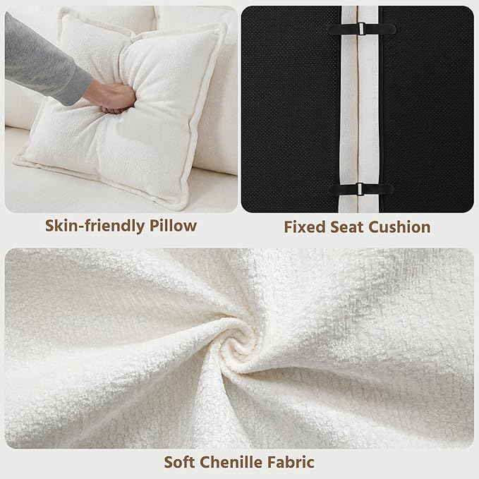 Modern Luxurious Oversized Boneless Couches Sectional Curved Sofa with 6 Pillows L-Shape Boneless Couch with Deep Seat High-Density Memory Foam No Assembly Required Chenille (White)