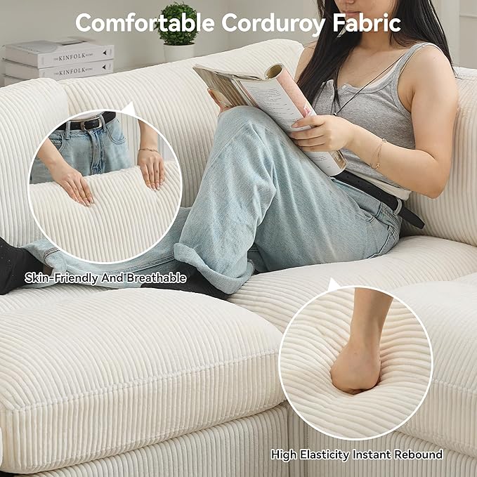 67'' Modular Loveseat Sofa Extra Deep Seat Cloud Couch for Living Room Corduroy Deep Seat Sofa with Armrest Pillows Center Stitched Beige