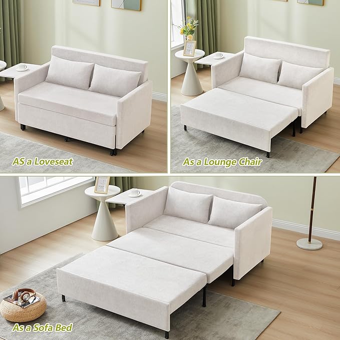 QHITTY Pull Out Couch Bed 2-in-1 Sleeper Sofa Small Loveseat Bed with Hidden Side Table and Iron Frame for Living Room Small Space Apartment (White)