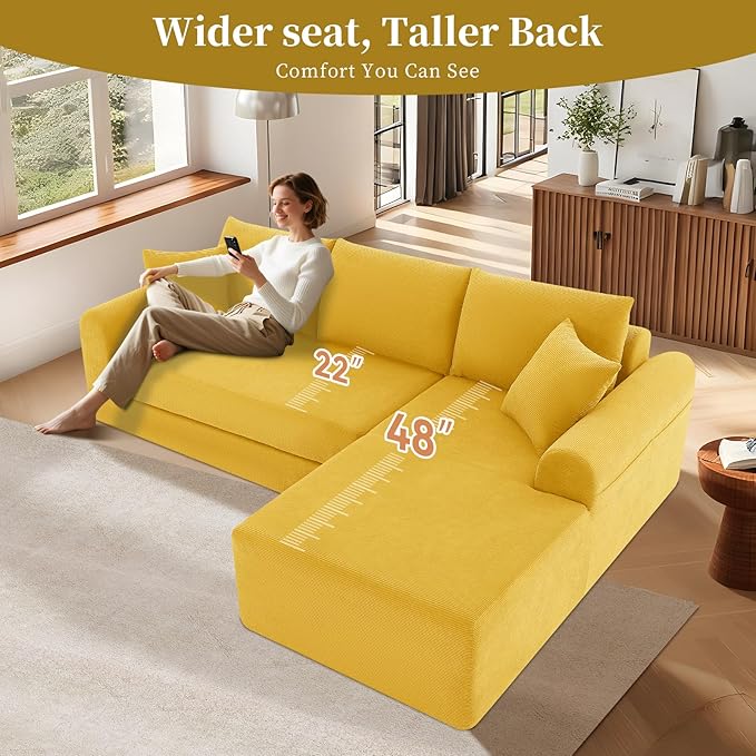 KBQ Modular Sectional Couch in a Box 103 L Shaped Boneless Cloud Couch with Deep Seat Convertible Sofa Bed for Living Room Bedroom Apartments No Assembly Required Yellow Right Facing Chaise