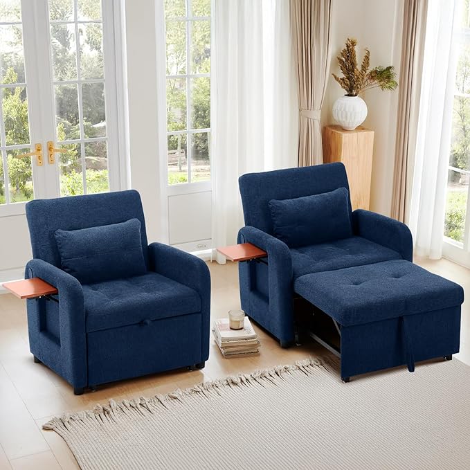 Convertible Sleeper Chair-Fabric Futon Sofa Bed Single Sleeper Sofa Small Couch Bed with USB Port Foldable Table Pillow Adjustable Backrest for Dorm/Bedroom/College DarkBlue