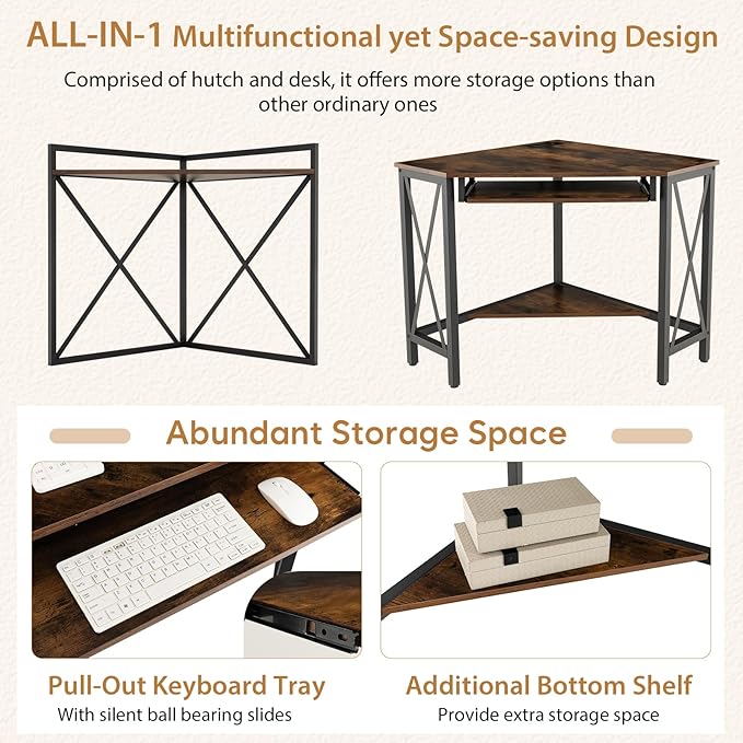Tangkula Corner Desk with Hutch &amp Charging Station Space-Saving Computer Desk with Shelves &amp Keyboard Tray Triangle Home Office Desk with Metal Frame Corner Desk for Small Space