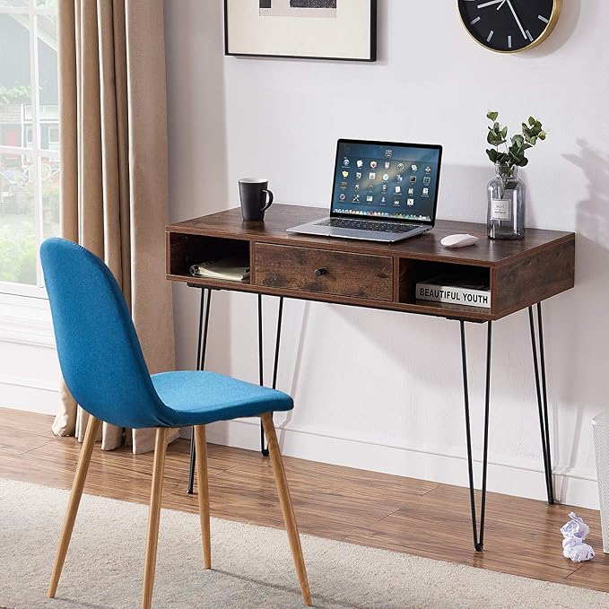 VECELO 39.3 Home Office Work Table with DrawersComputer Desk with Hairpin Leg for Writing/StudyRustic Brown