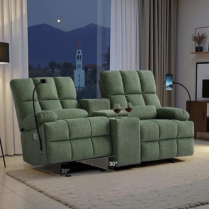 Reclining Loveseat with Rocker FunctionCat-Proof Loveseat Recliner Sofa with Phone Holder/USB/Type C RV Double Rocker Reclining Couch for Home TheaterLiving Room (Green) | Rocker Function Cat-Proo