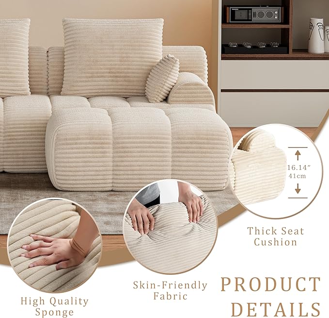 Chogori Corduroy Modular Sectional Sofa 118 Inch Boneless Cloud Couch with High Density Memory Foam Tufted L-Shaped Sofa for Living RoomNo Assembly (Beige)