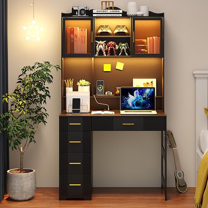 LED Study Desk with Hutch and Drawer Home Office Desk with Outlet Computer Desk with Charging Station Writing Desk for Bedroom Workstation for Small Space (Black)