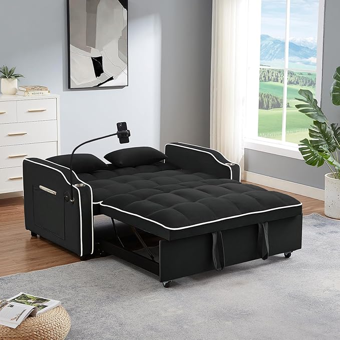 JEEOEHY 3 in 1 Convertible Sleeper Sofa BedVelvet Pull Out Couch Bed w USB&ampType C PortComfy Futon Loveseat w Adjustable Backrest&ampPhone Stand&ampCup Holder for Living Room Apartment Small Sp
