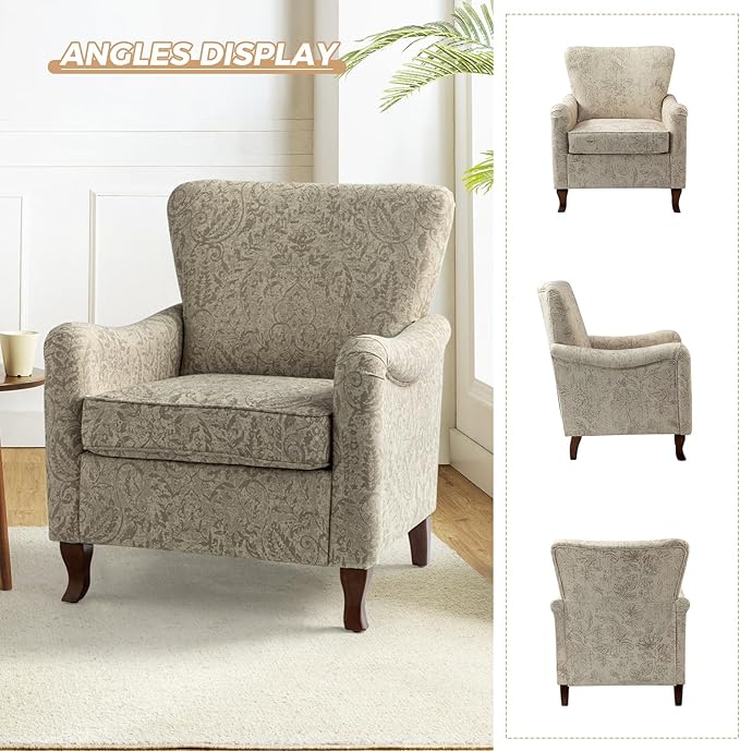 HULALA HOME Floral Accent Chair Modern High Back Armchair with Wooden Legs Comfy Wingback Chair Upholstered Accent Single Sofa Chair for Living Room &amp Bedroom Beige