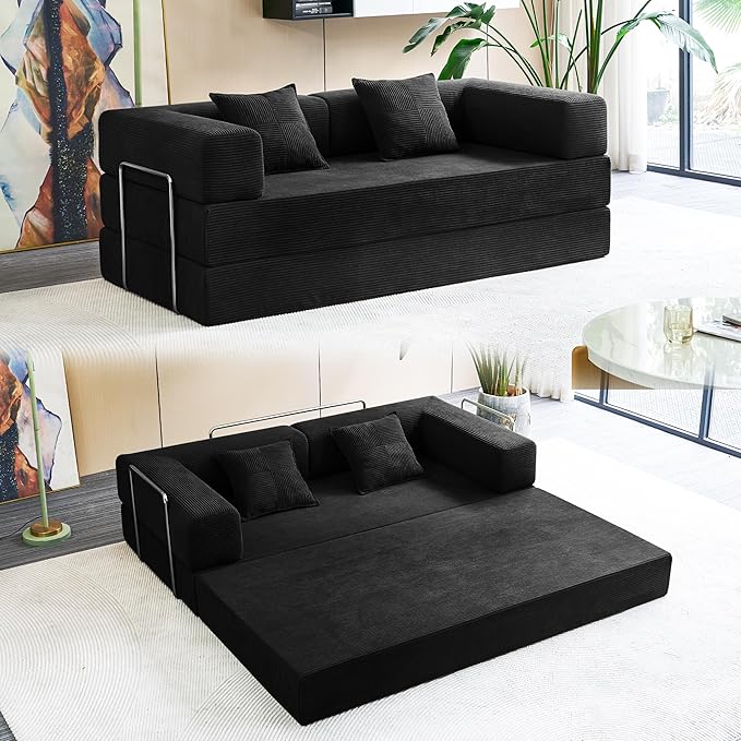 Compression Sofa - 78''Convertible Floor Sofa Bed - with Pillow Back Support Armrest - Comfy Foldable Sofa Bed Compressed Sofa in Box - Corduroy Fabric - for Living Room Bedroom - Obsidian
