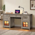 58 Farmhouse Executive Desk with Drawers LED Light Computer Desk with Drawers and File Cabinet Wooden Home Office Desk with Charging Station Workspace for Writing Greige