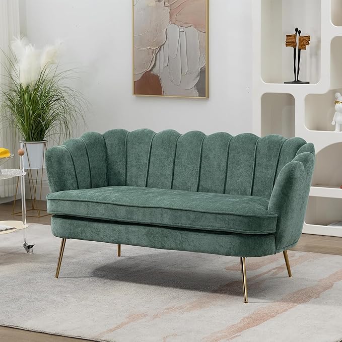 Anwick 59 Small Modern Chenille Loveseat Sofa 2-Seater Sofa with Gold Metal Legs Small Couch with Flower Shaped Back for Living Room Bedroom Office(Green)
