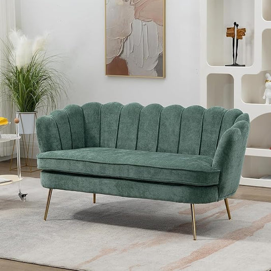 Anwick 59 Small Modern Chenille Loveseat Sofa 2-Seater Sofa with Gold Metal Legs Small Couch with Flower Shaped Back for Living Room Bedroom Office(Green)