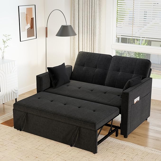 Pull Out Sofa Bed: 71 Black Convertible Loveseat Sleeper Sofa Bed for Small Space Modern 3 in 1 Couch with Storage Couch Beds for Living Room (Black)