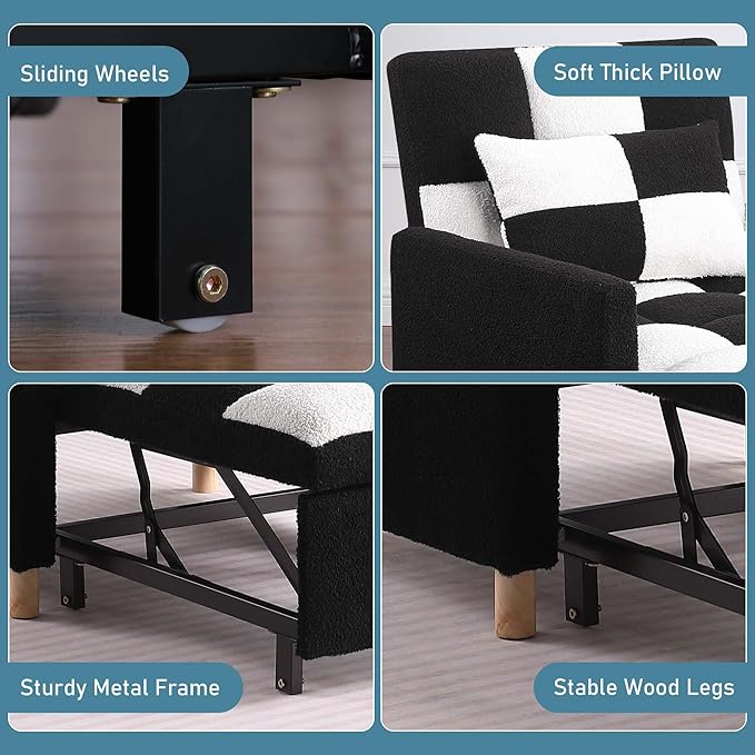 Convertible Sleeper Sofa Chair 3 in 1 Multi-Function Folding Ottoman Couch Sigle Pull-Out Bed with Adjustable Backrest and Pillow for Living Room Apartment Office Black&ampWhite