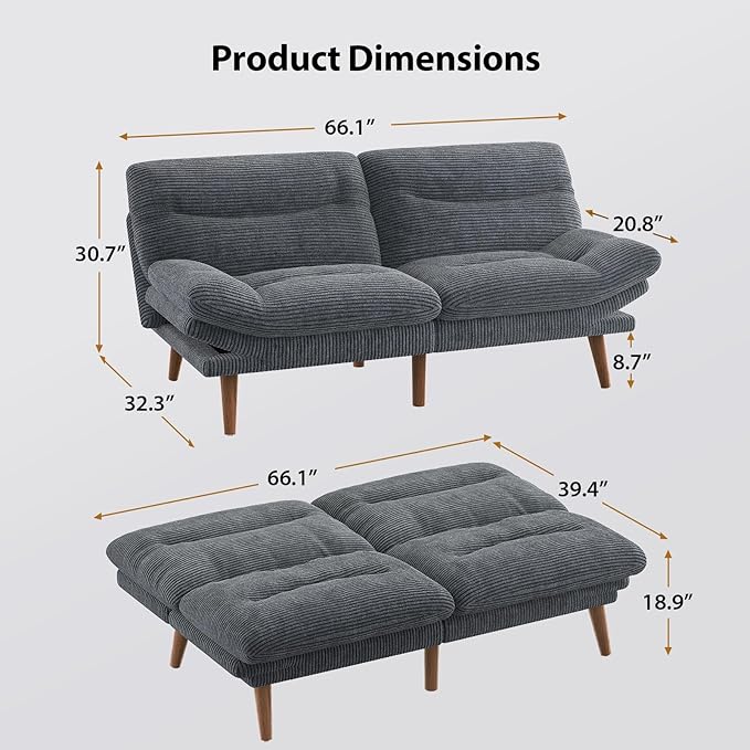 Pipishell Futon Sofa Bed 66 Inch Corduroy Futon Couch Convertible with Adjustable Backrest and Armrests Recliner Sleeper Sofa for Small Spaces Living Room Office Guest Room (Grey 66 Inch)