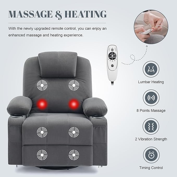 Oversized Swivel Rocker Recliner Chair with Heat and Massage Big Large Recliner Chair for Living Room 360 Degree Swivel Rocking Single Sofa with Cup Holders and USB Port (Fabric Darkgrey)
