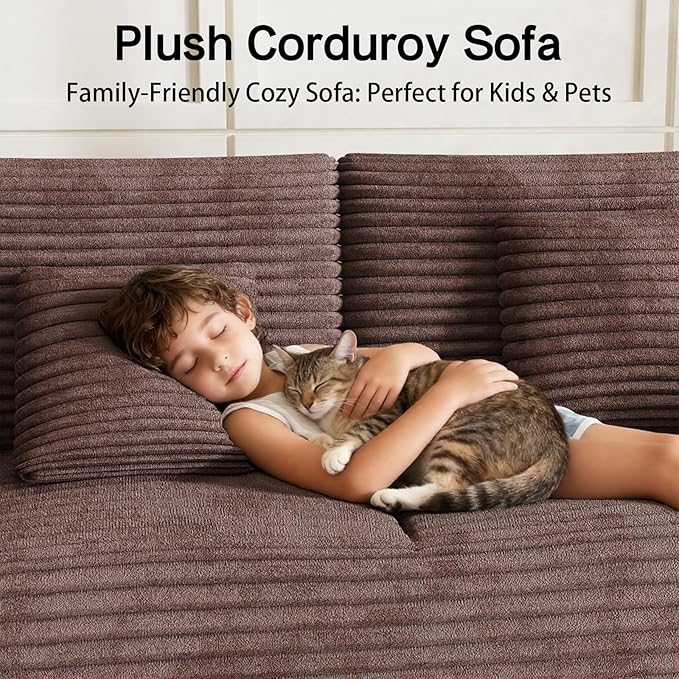 Corduroy Cloud Modular Sectional Couch Boneless Memory Foam Sectional Sofa Comfy L-Shaped Compression Couches with Chaise for Living Room No Assembly Required (Brown 3-Seater)