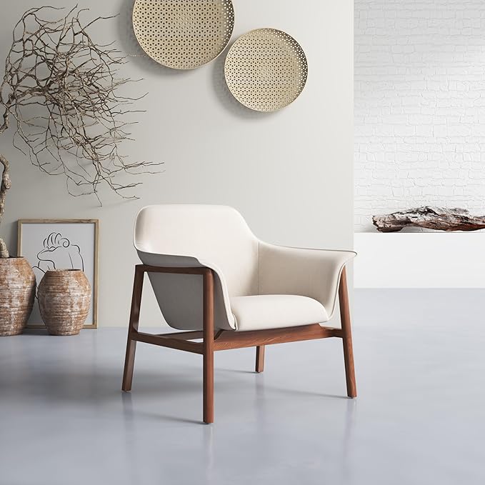 Manhattan Comfort Miller Mid Century Modern Accent Chair Linen Weave Upholstery Seamless Bucket Seat with Flared Arms Ideal for Living Room Bedroom &amp Office Use Fully Assembled Set of 1 Cre