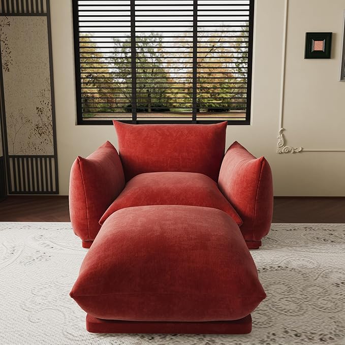 Ottoman Chenille Sofa Mid Century Modern Couches for Living Room (26.77 in/Red/Only Ottoman)