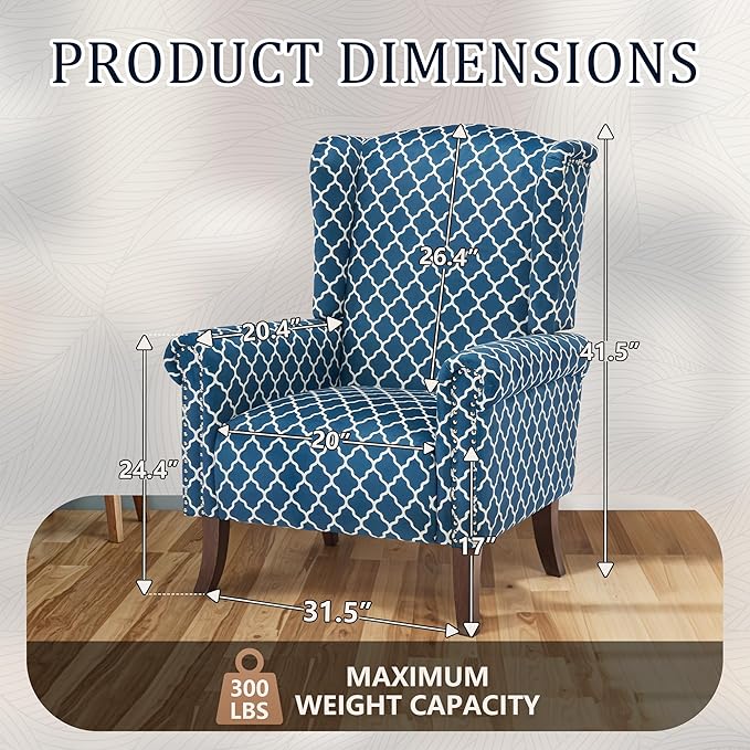 MOJAY Modern Accent Chair Comfy Wingback Armchair Blue Plaid Club Chair with Wooden Legs for Living Room Bedroom Office or Balcony